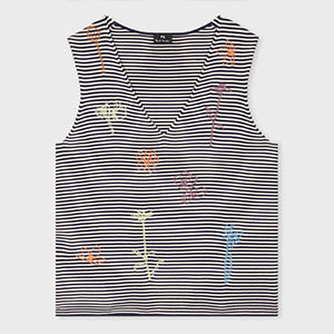 PS Paul Smith Women's Navy and White Cotton Stripe 'Embroidered Flowers' Knitted Vest Blue