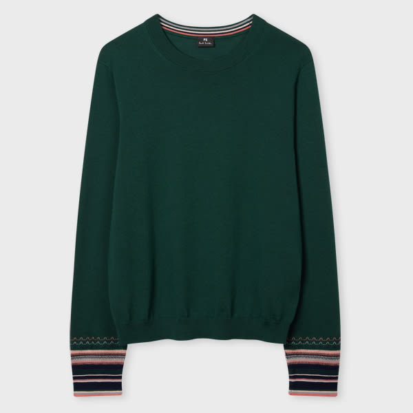 Ps By Paul Smith Women's Dark Green Merino Wool Stripe Cuff Sweater