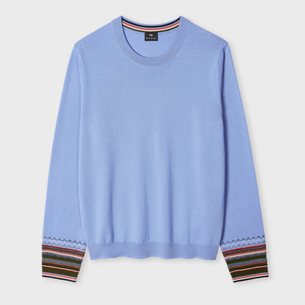 PS Paul Smith Women's Dusty Blue Merino Wool Stripe Cuff Sweater