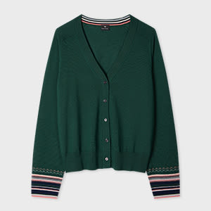 Ps By Paul Smith Women's Dark Green Knitted Cardigan With Striped Cuffs