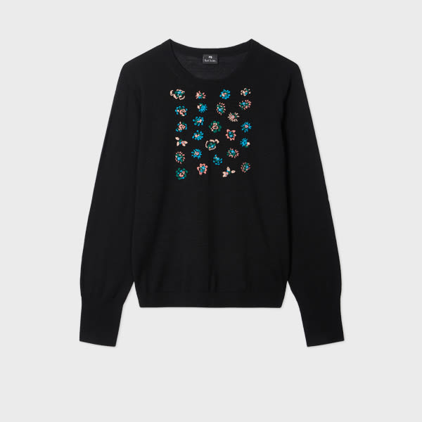 Ps By Paul Smith Women's Black Merino Wool Sweater With Floral Embroidery