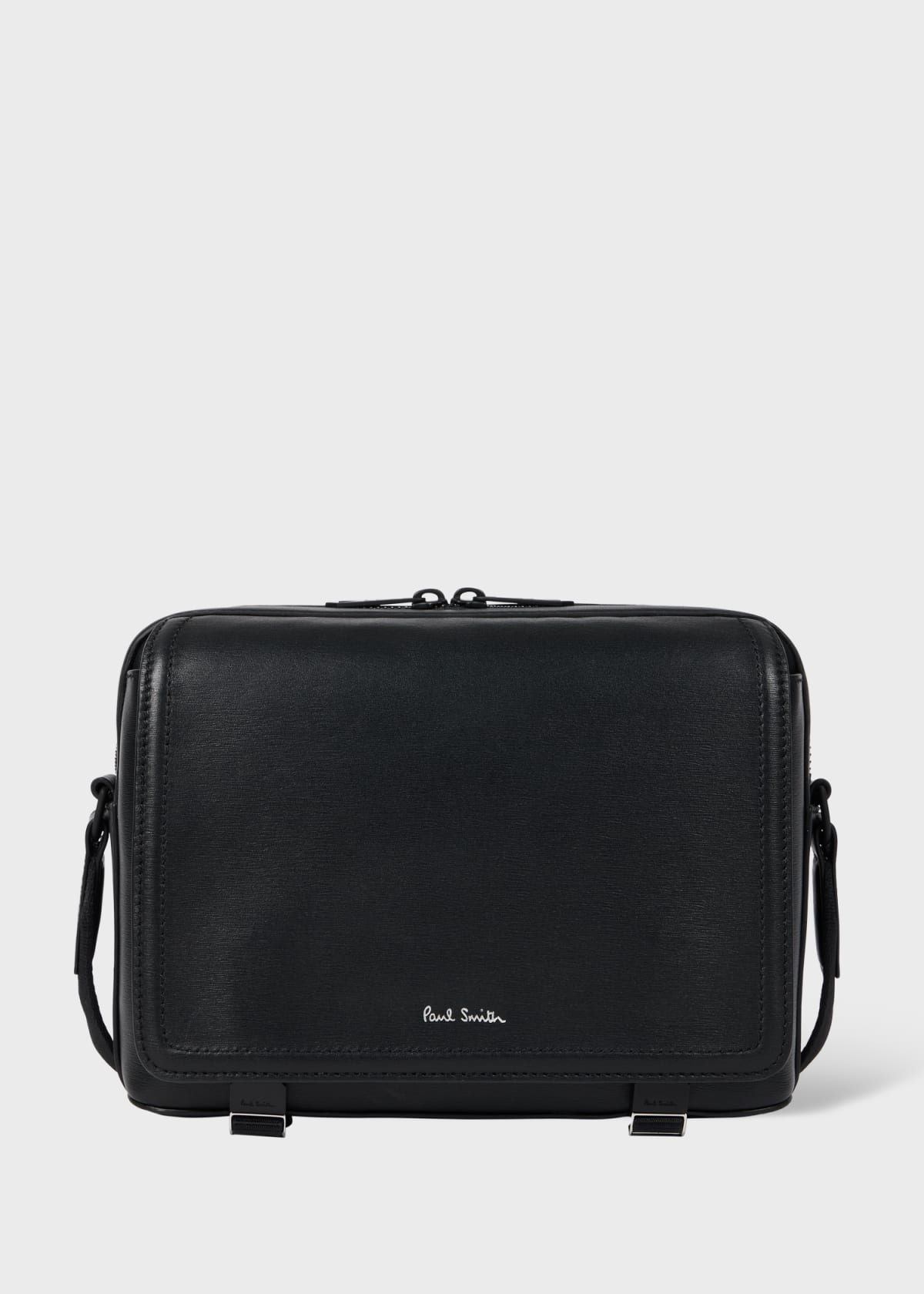 Black Straw-Grain Embossed Leather Messenger Bag