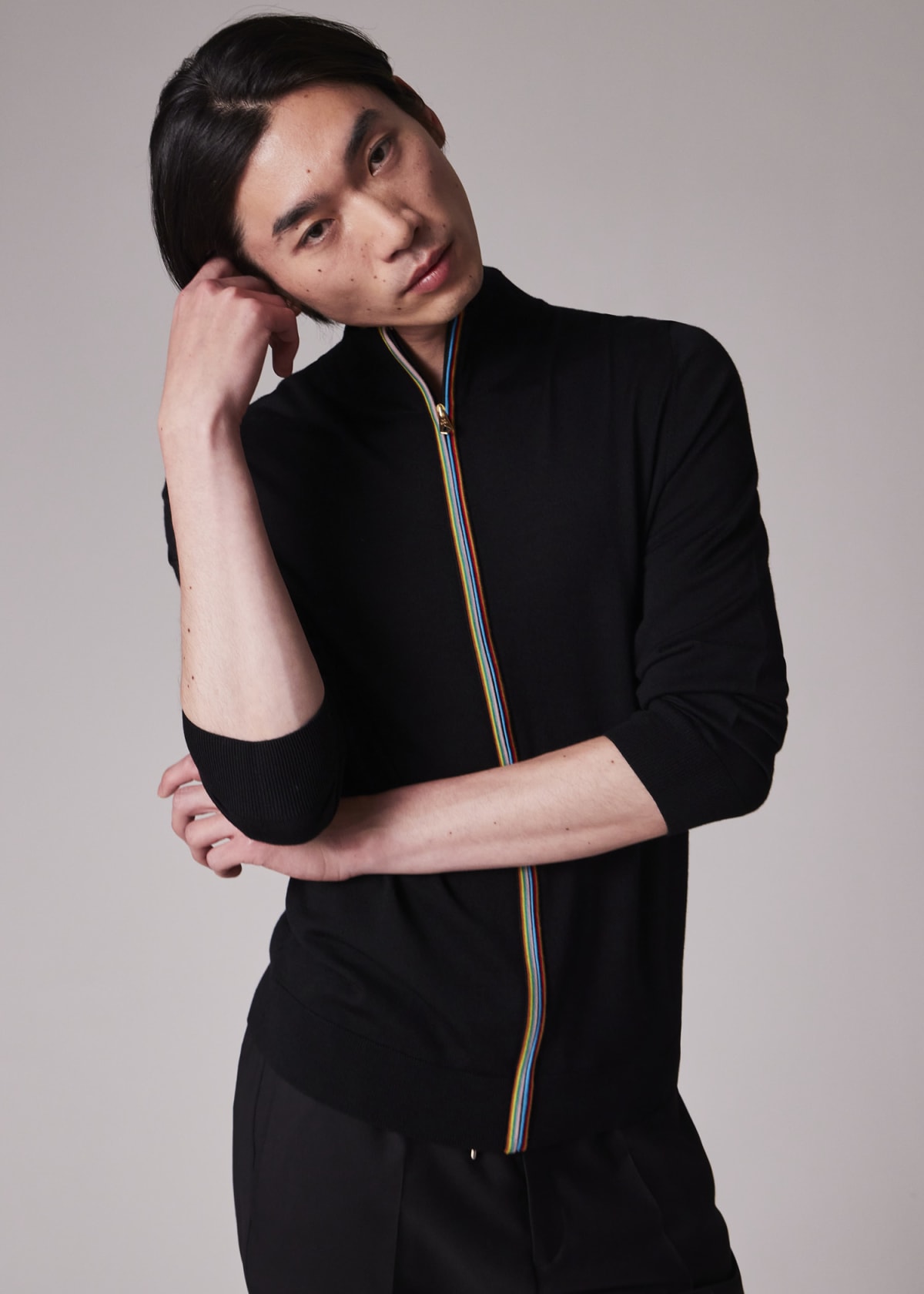 Men's Black Washable Merino Wool 'Signature Stripe' Zip Cardigan