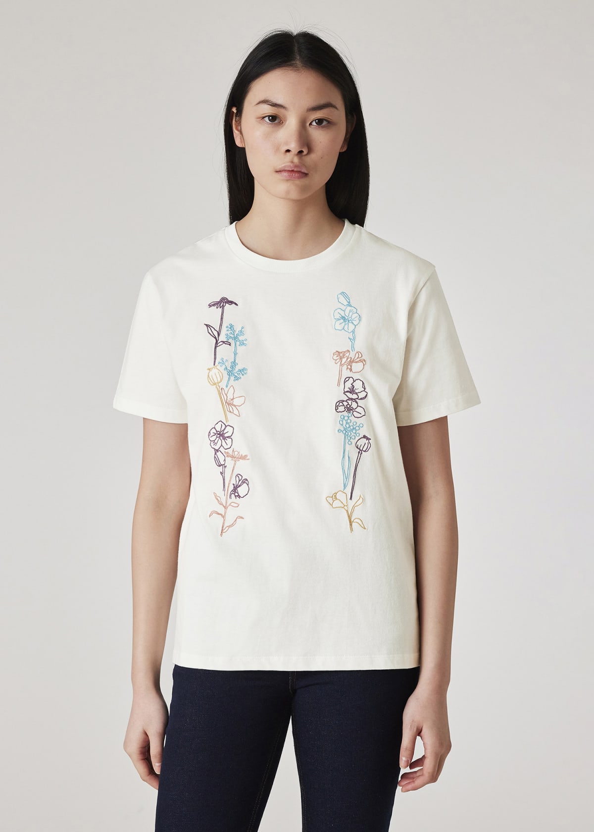 Women's Ecru Cotton 'Embroidered Flowers' T-Shirt