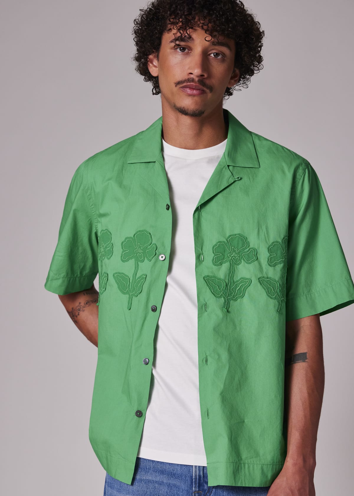 Trys様　Paul Smith Collection Angola100% Men's Green Cotton Applique Short-Sleeve Shirt