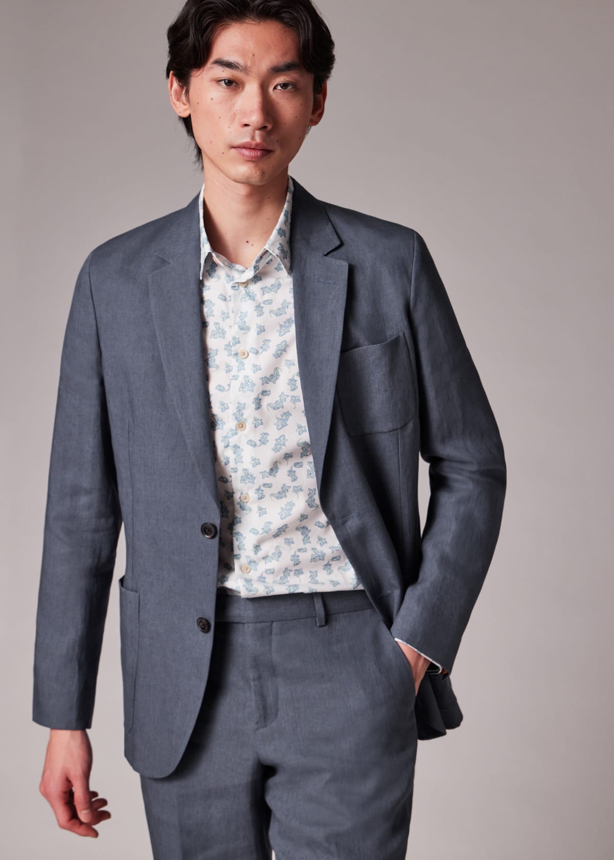 Men's Stone Blue Linen Patch-Pocket Unlined Blazer