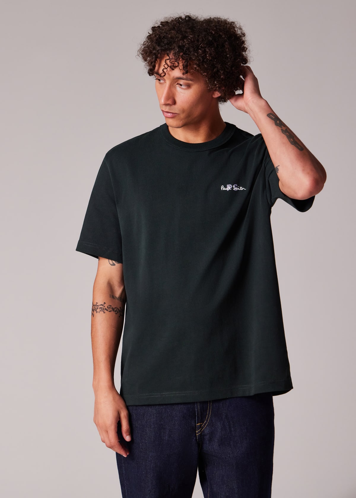 Men's Dark Green Logo Embroidery Cotton T-Shirt