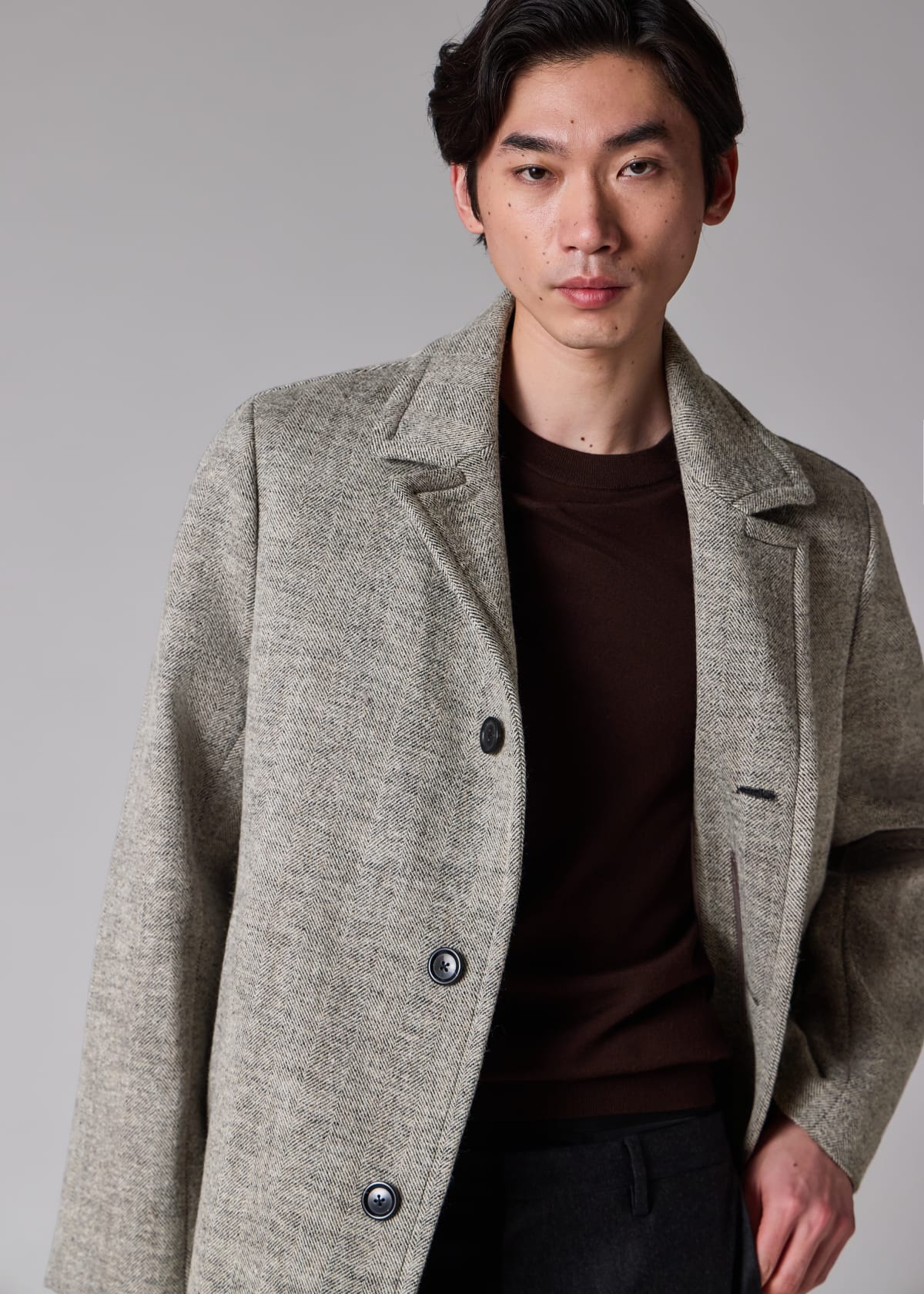 Men's Grey Tumbled Herringbone Wool-Blend Overcoat