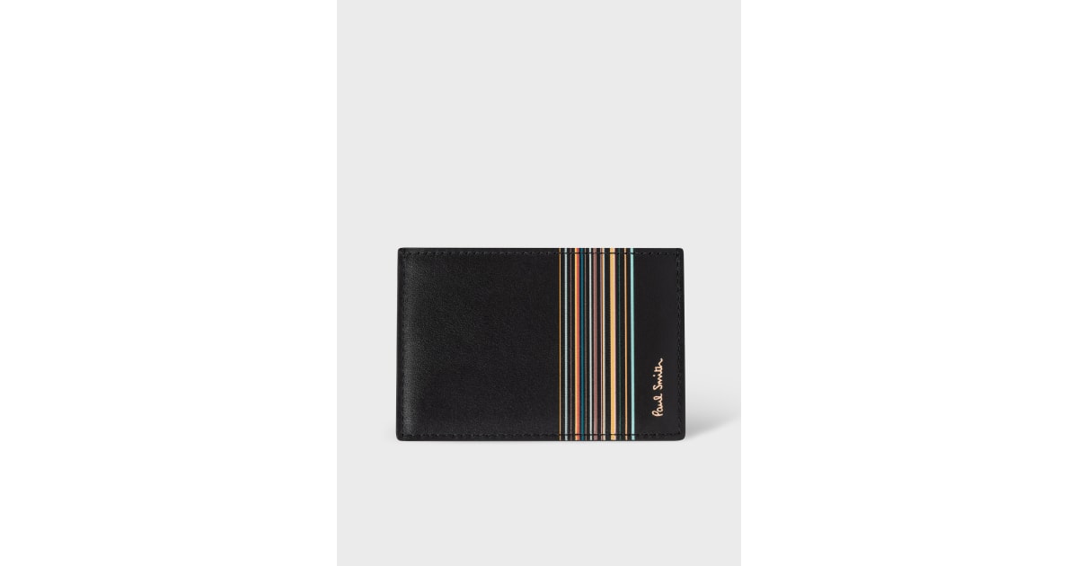 メル31620　Paul Smith STRIPE カードケース Black Leather 'Signature Stripe Block' Credit Card Holder