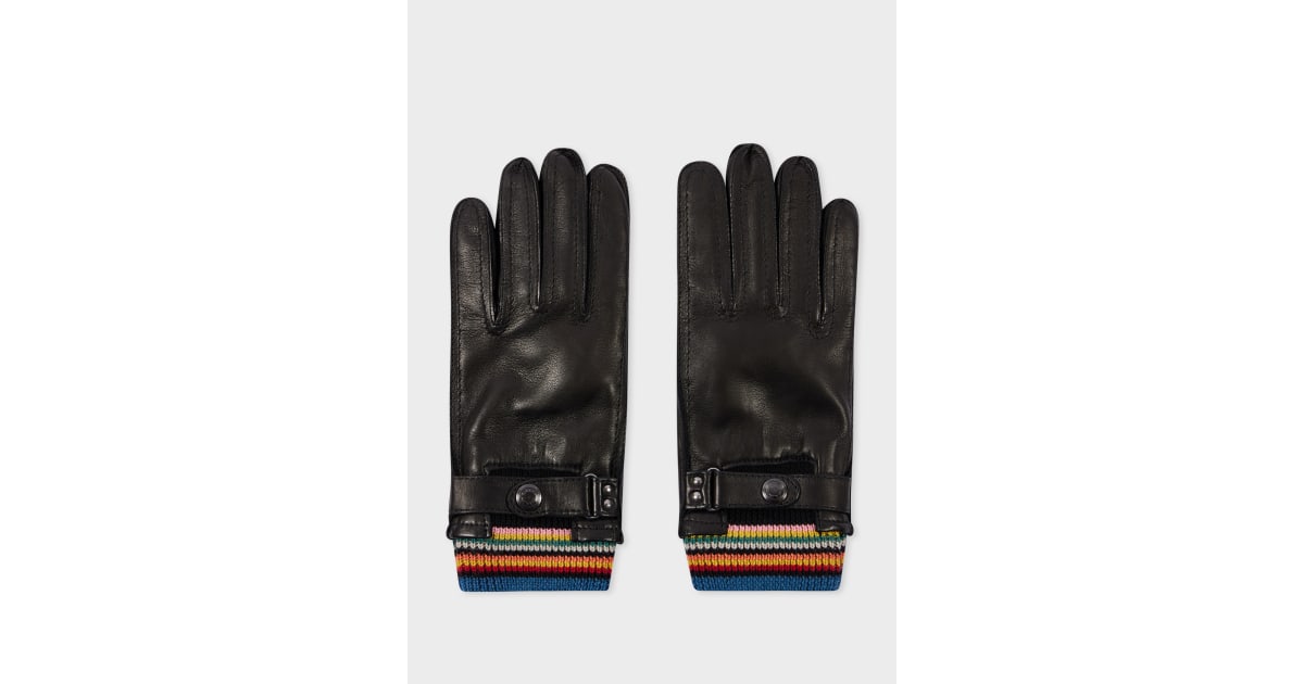Men's Black Leather 'Signature Stripe' Cuff Gloves