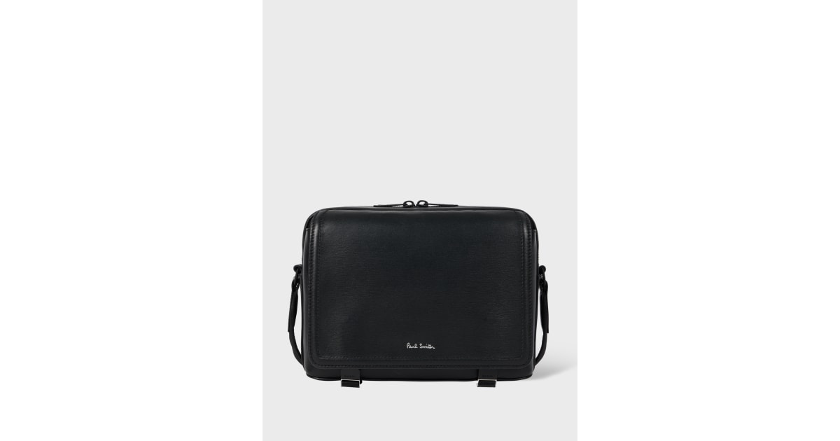 Black Straw-Grain Embossed Leather Messenger Bag