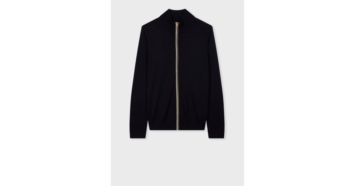 Navy Washable Merino Wool 'Signature Stripe' Zip Cardigan
