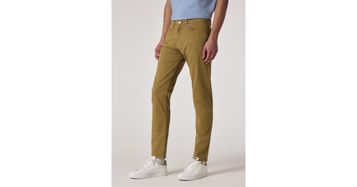 Men's Tapered-Fit Light Tan Garment-Dyed Organic Cotton-Stretch Jeans