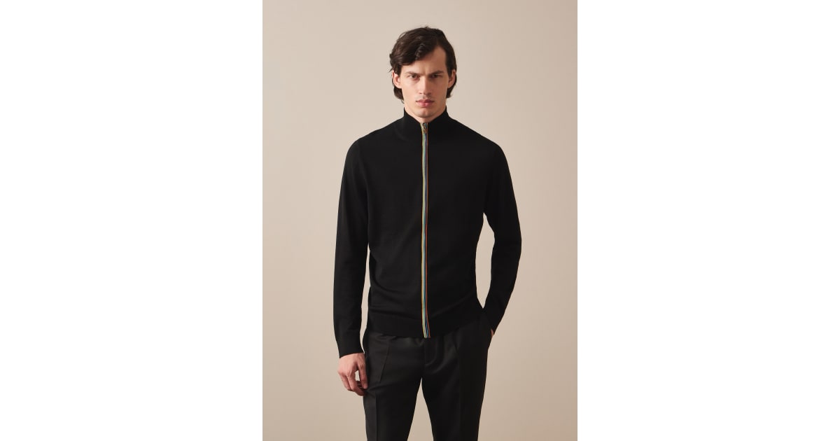 Navy Washable Merino Wool 'Signature Stripe' Zip Cardigan