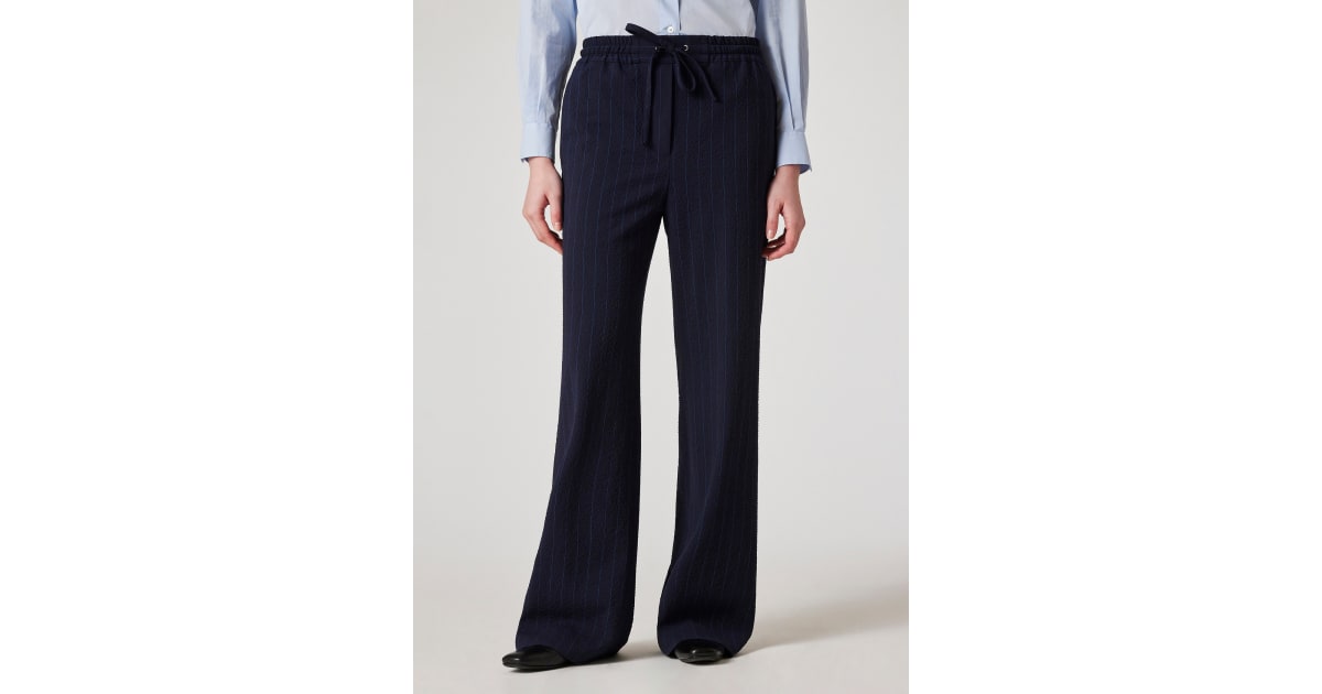 Women's Wool-Blend Navy Seersucker Pinstripe Wide Leg Trousers