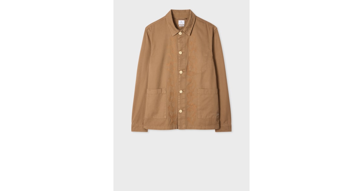 Men's Tan Embroidered-Floral Cotton Work Jacket