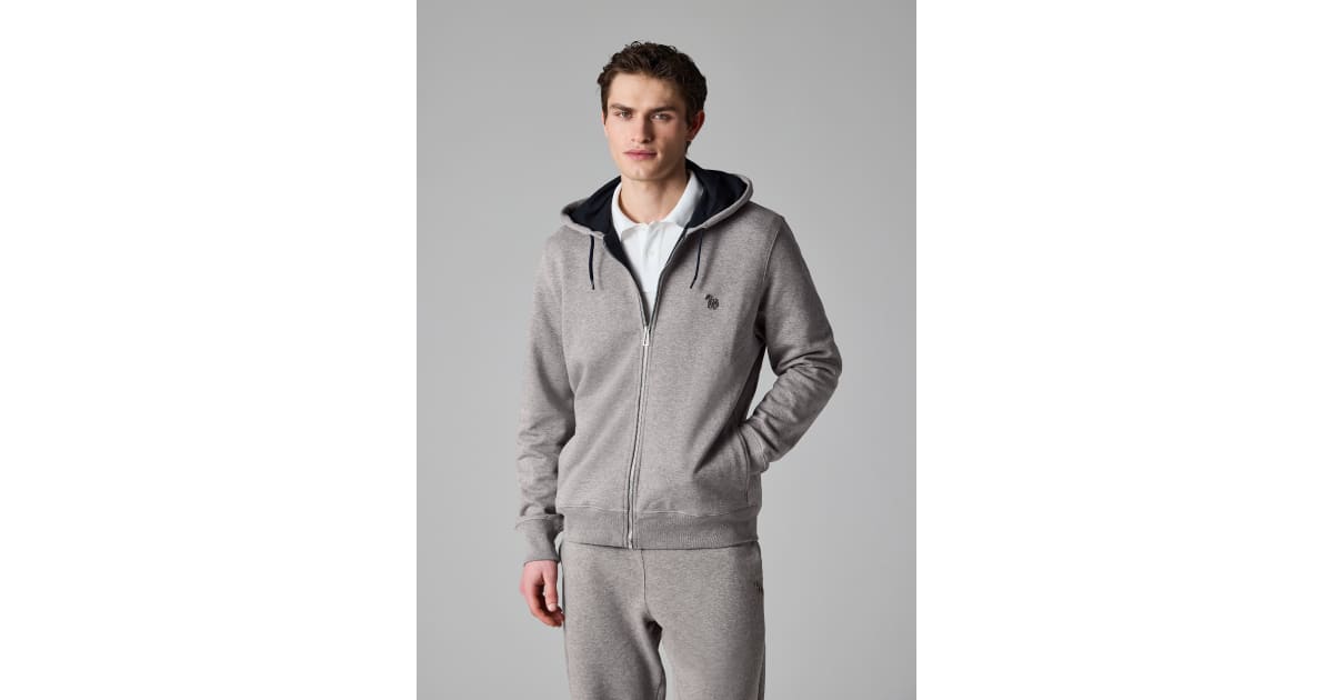 Grey Cotton Zip-Front Zebra Logo Hoodie