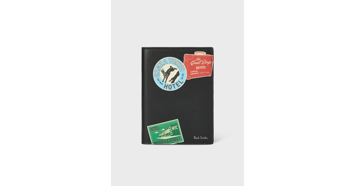 Men's Black 'Hotel Stickers' Leather Passport Holder