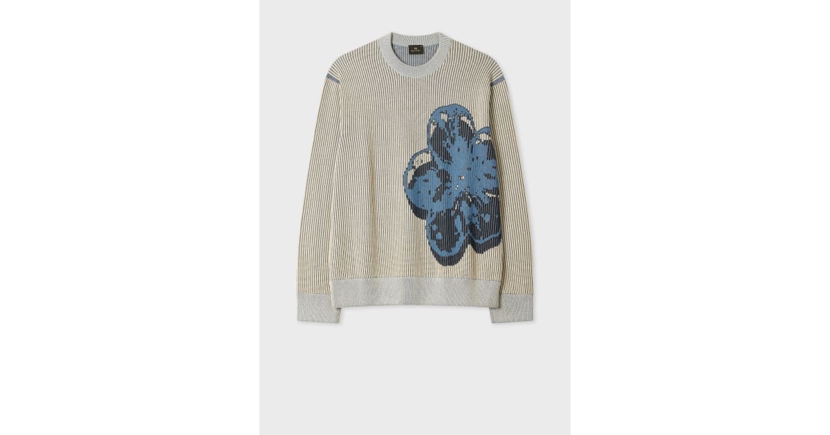 Men's Grey and Blue 'Zine Floral' Cotton Sweater