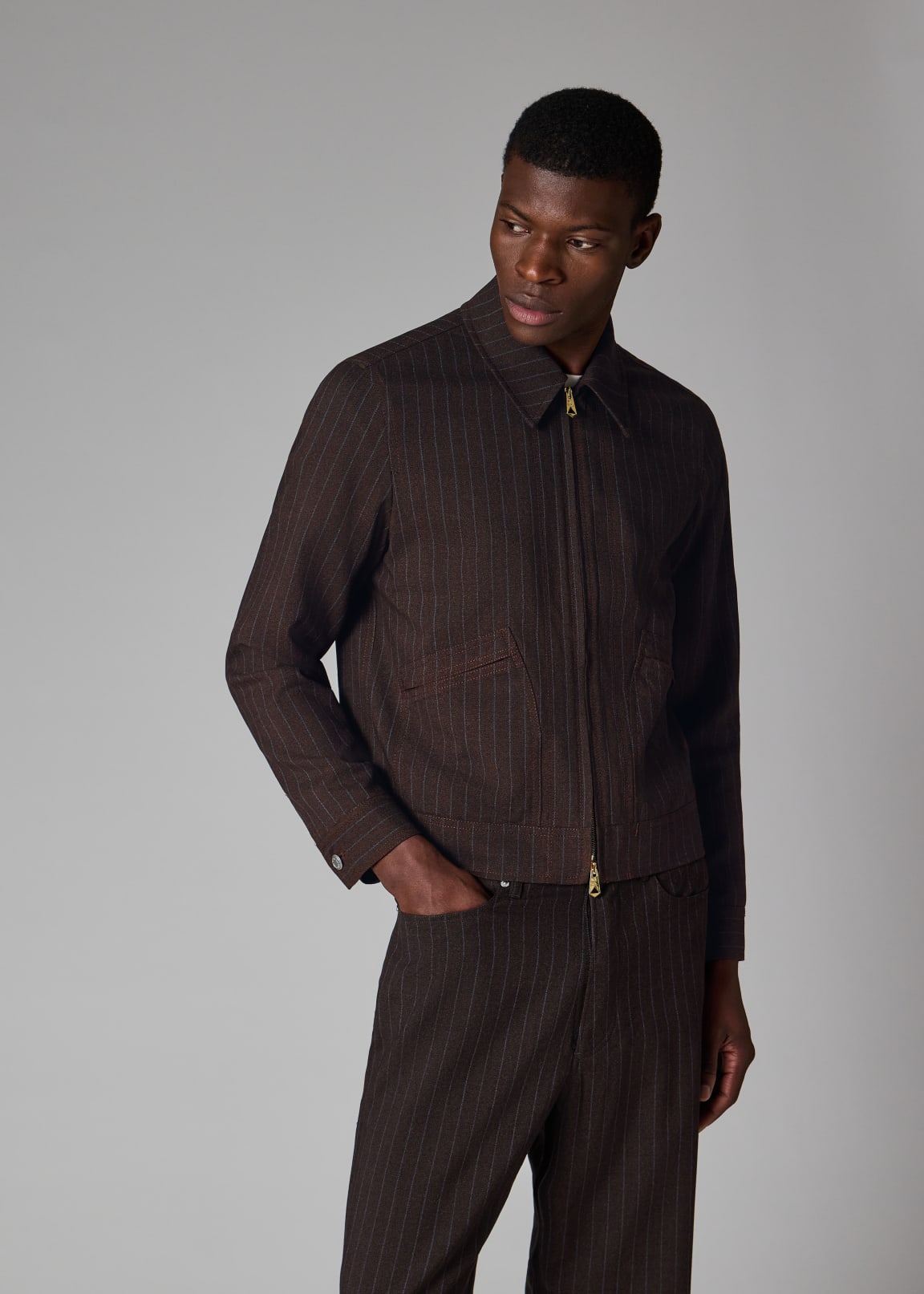 Pinstripe wool jacket with branded tag main image 1
