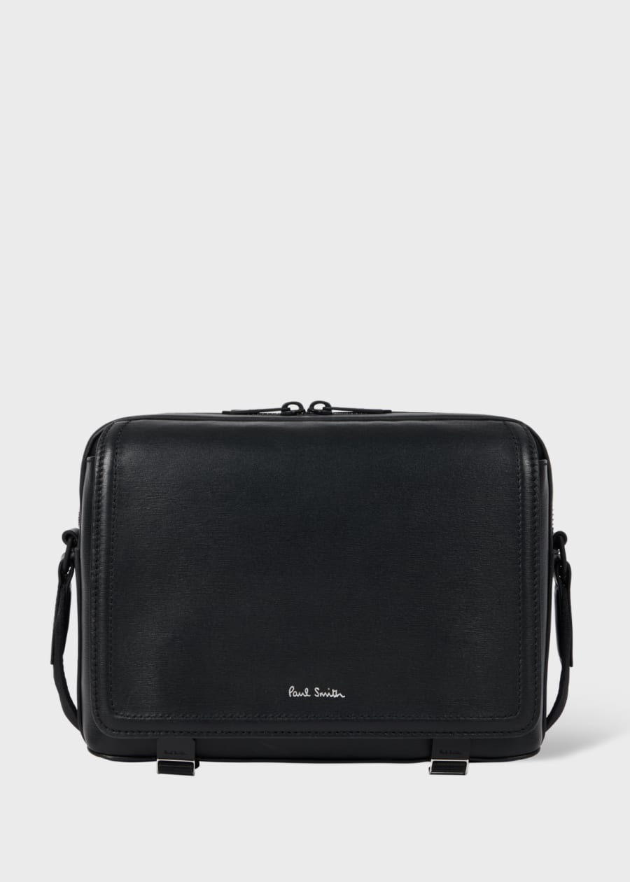 Paul Smith メッセンジャーバッグ Men's Black Leather 'Signature Stripe' Trim Messenger Bag