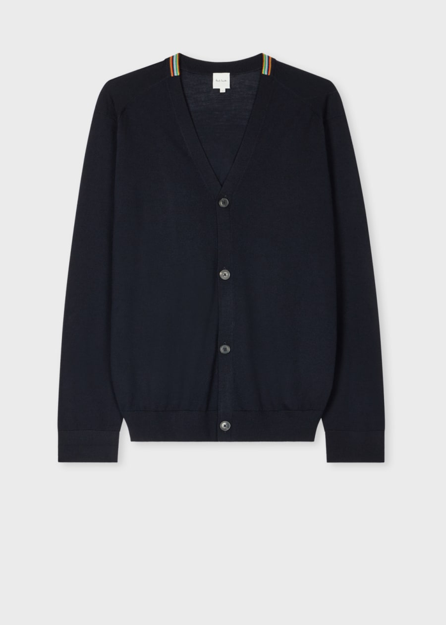Navy Washable Merino Wool 'Signature Stripe' Zip Cardigan