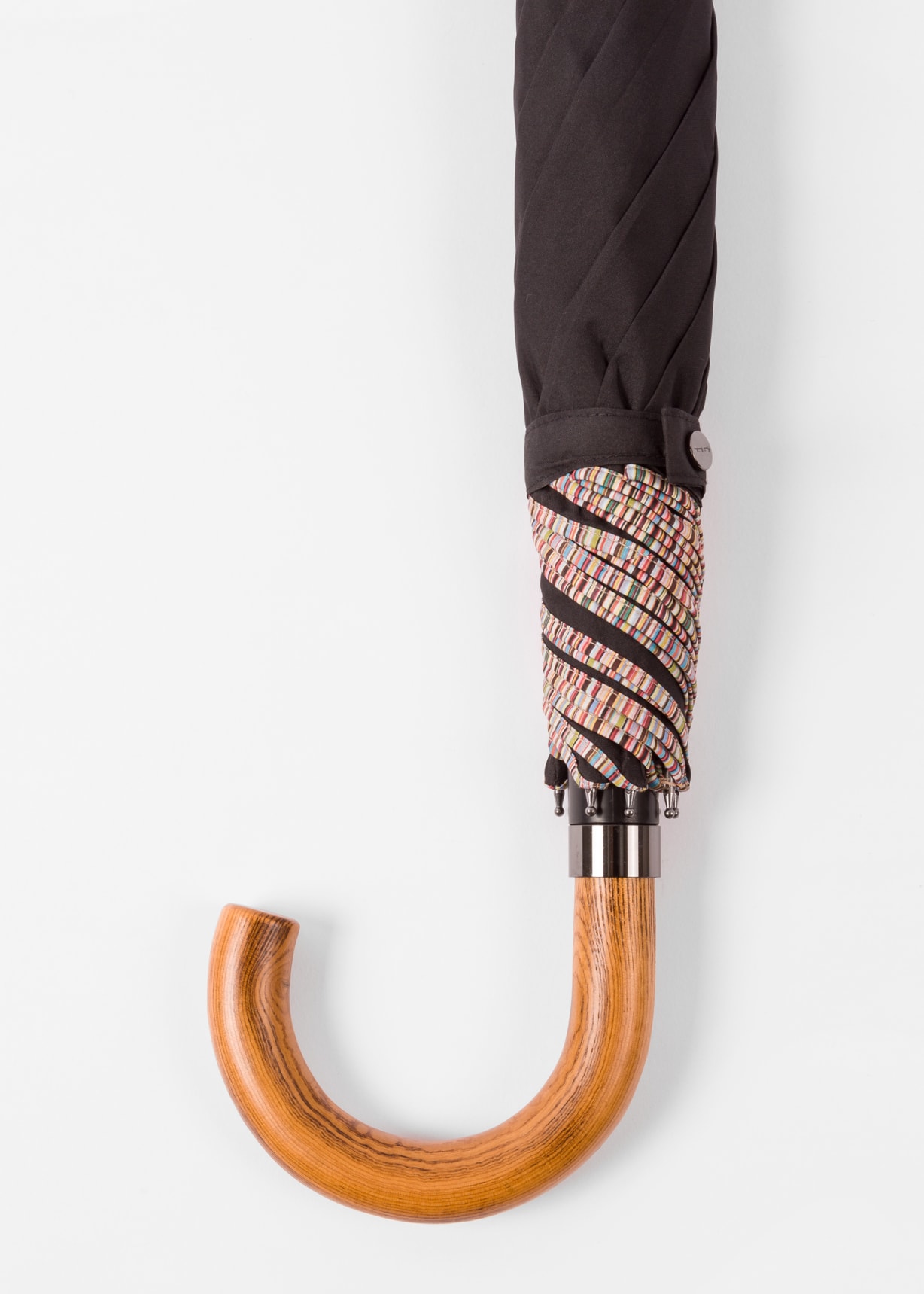 Black 'Signature Stripe' Border Compact Umbrella With Crook Wooden
