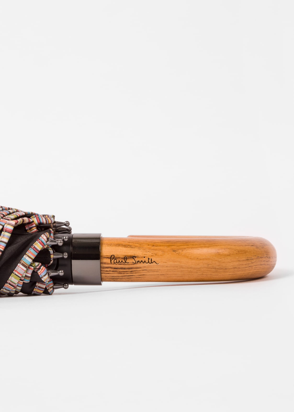 Black 'Signature Stripe' Border Compact Umbrella With Crook Wooden