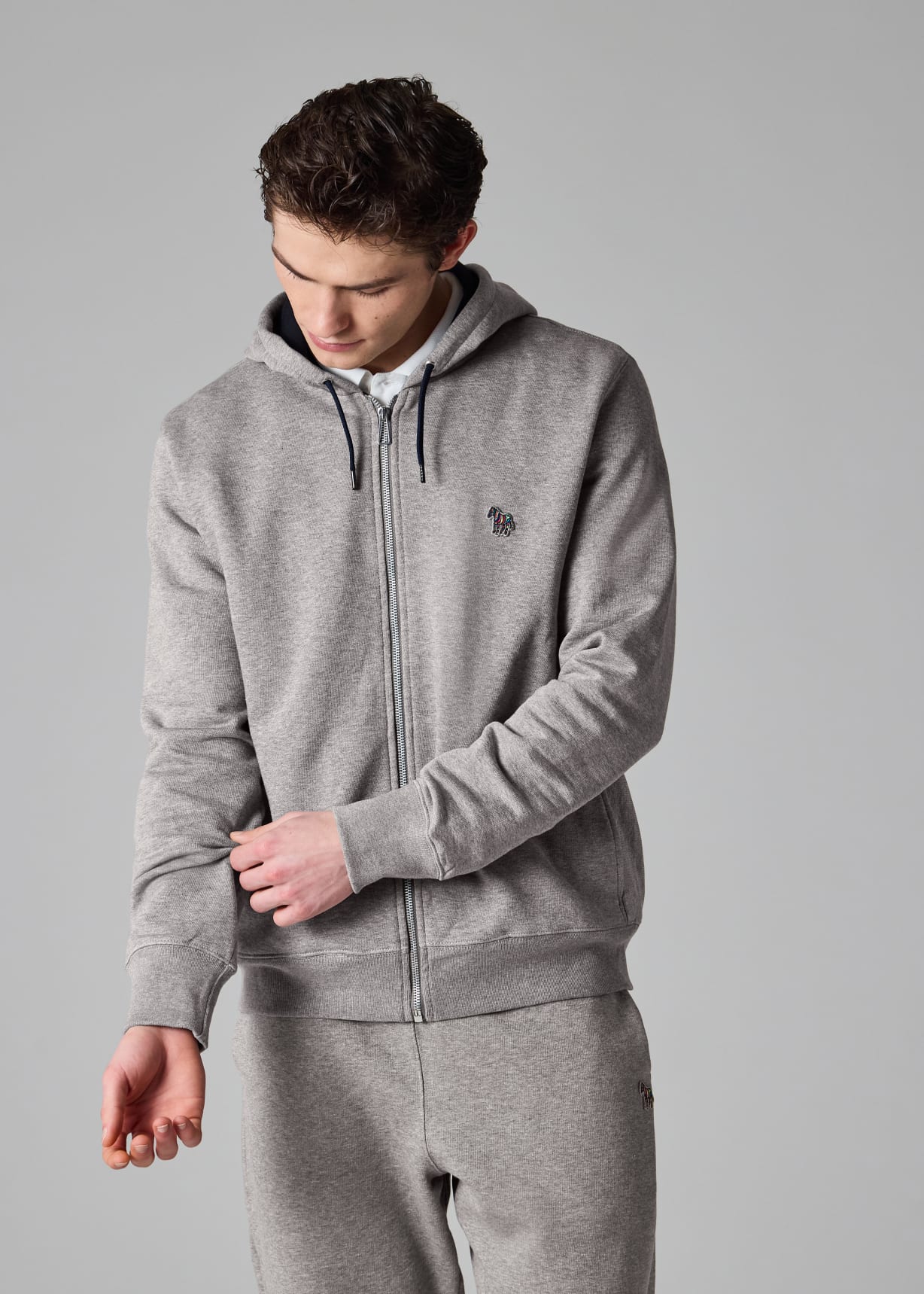 Grey Cotton Zip-Front Zebra Logo Hoodie