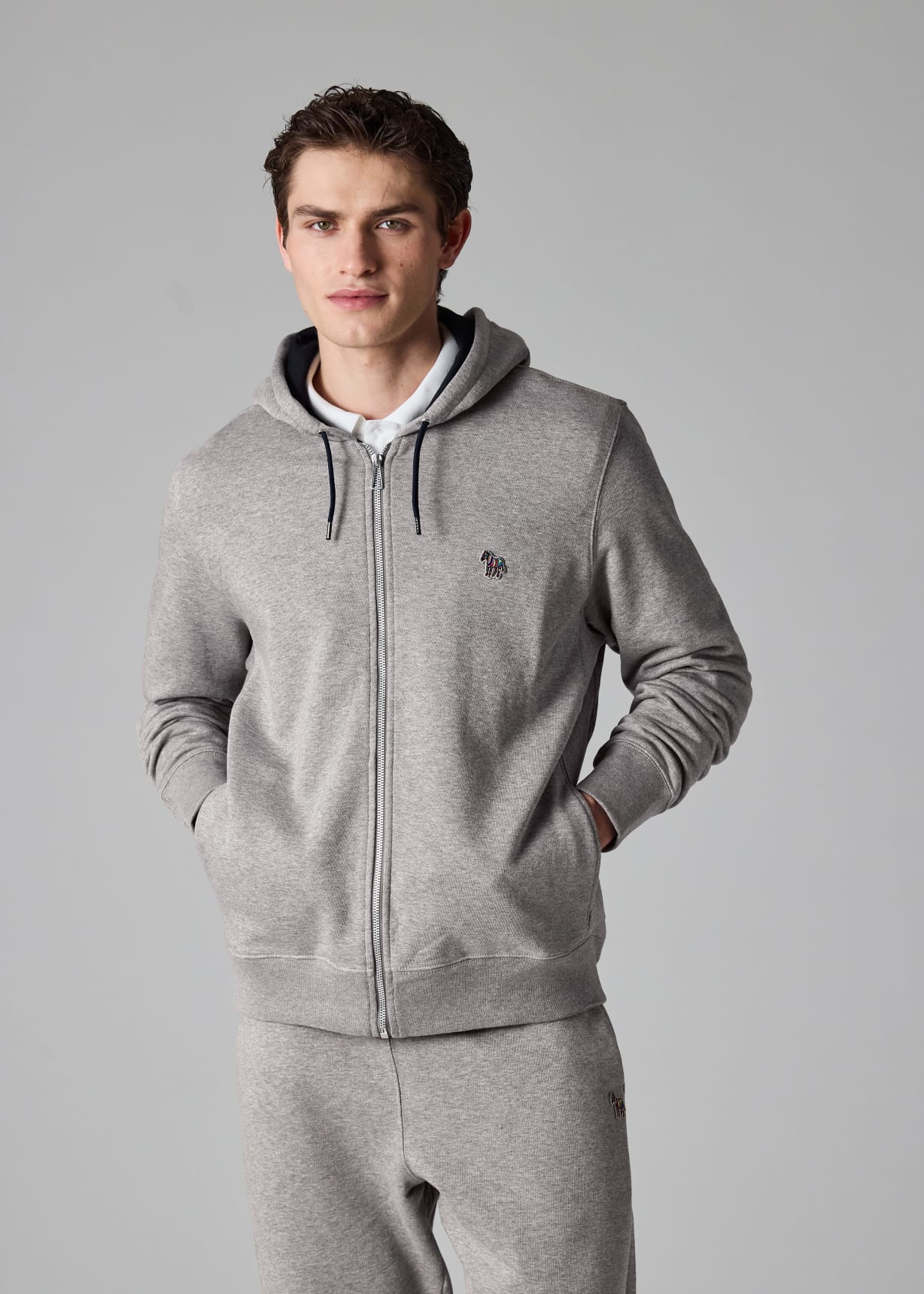 Grey Cotton Zip-Front Zebra Logo Hoodie