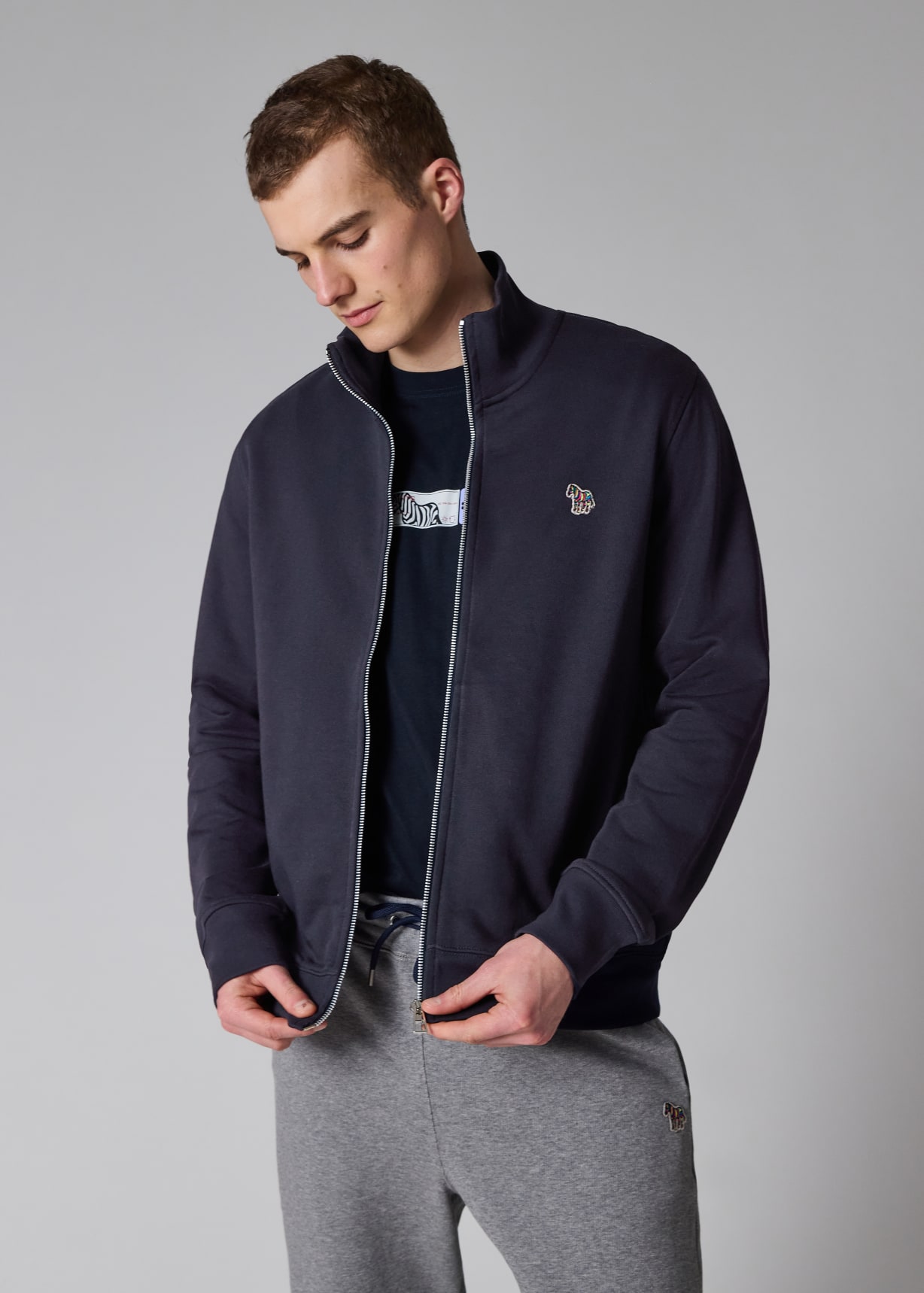 Men's Navy Cotton Zebra Logo Zip Sweatshirt