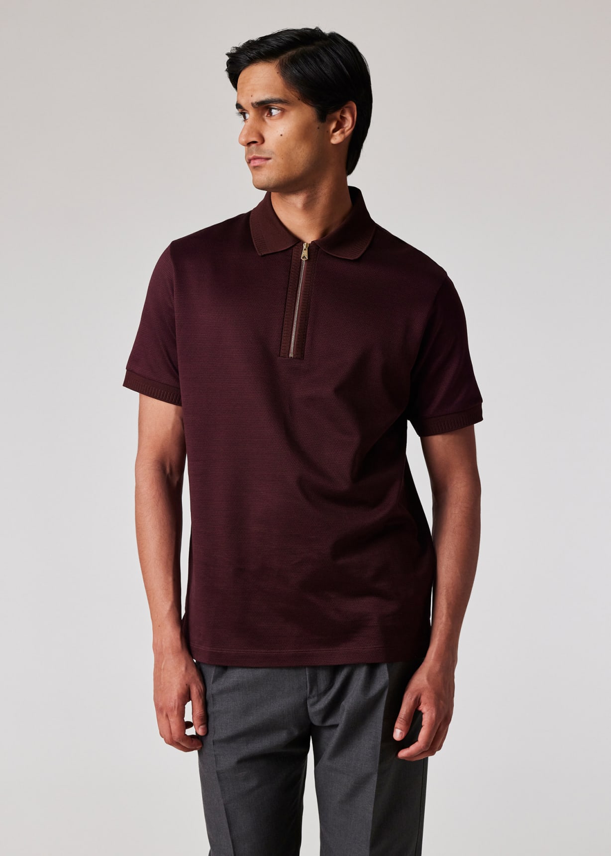 Men's Burgundy Geo Jacquard Zip Polo Shirt