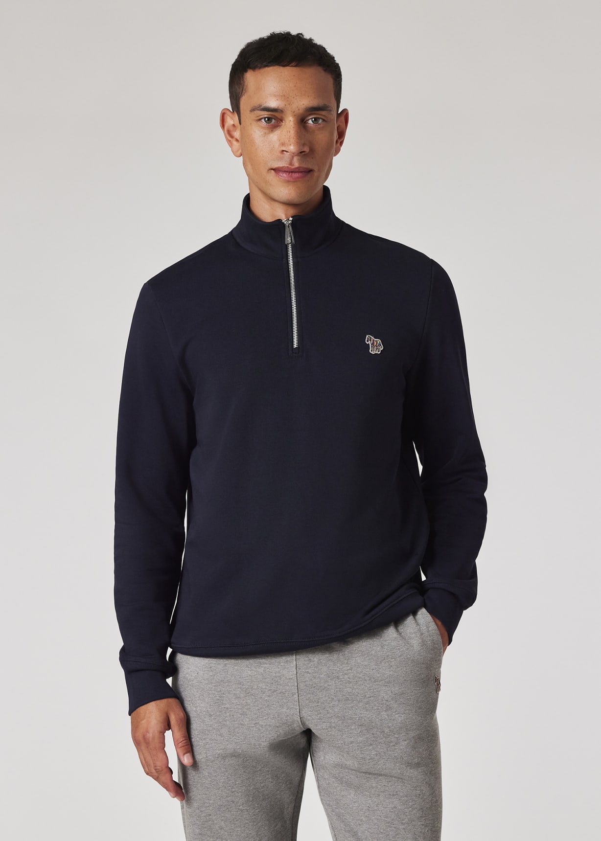 Men's Navy Cotton Zebra Logo Zip-Neck Sweatshirt