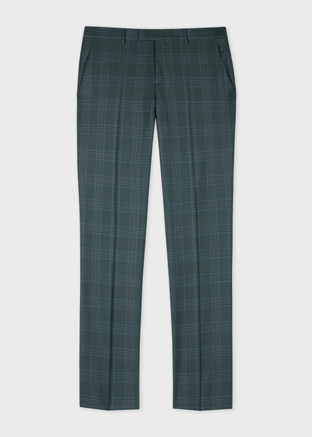 Men's Tapered-Fit Teal Green Check Wool Trousers
