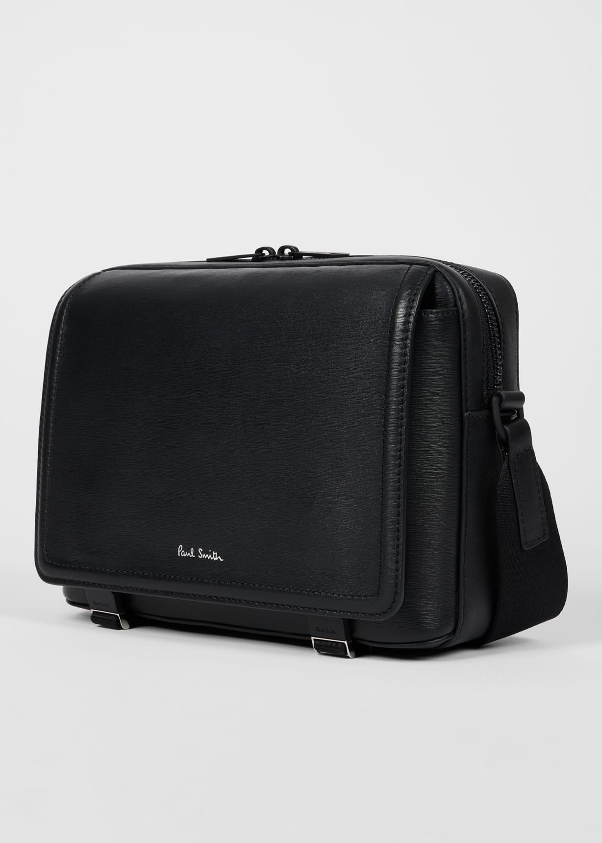 Black Straw-Grain Embossed Leather Messenger Bag