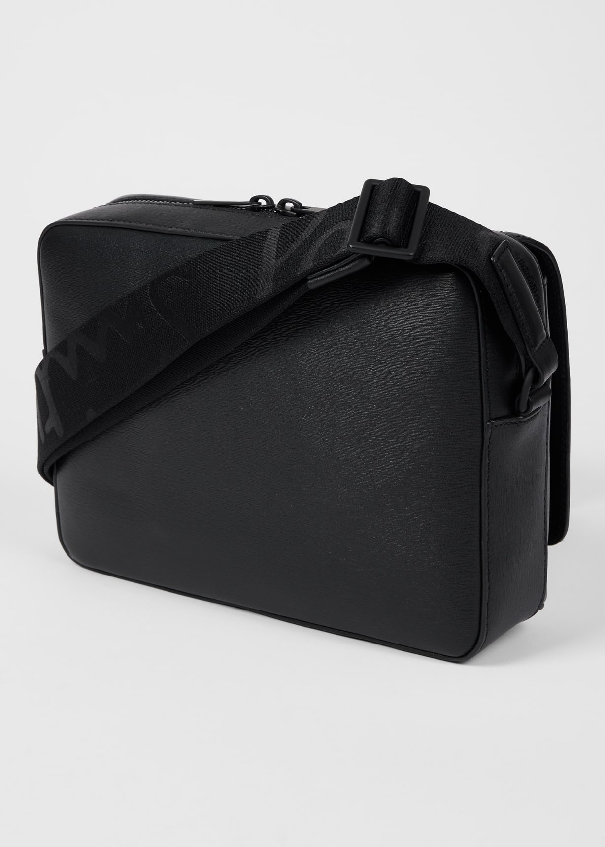 Black Straw-Grain Embossed Leather Messenger Bag