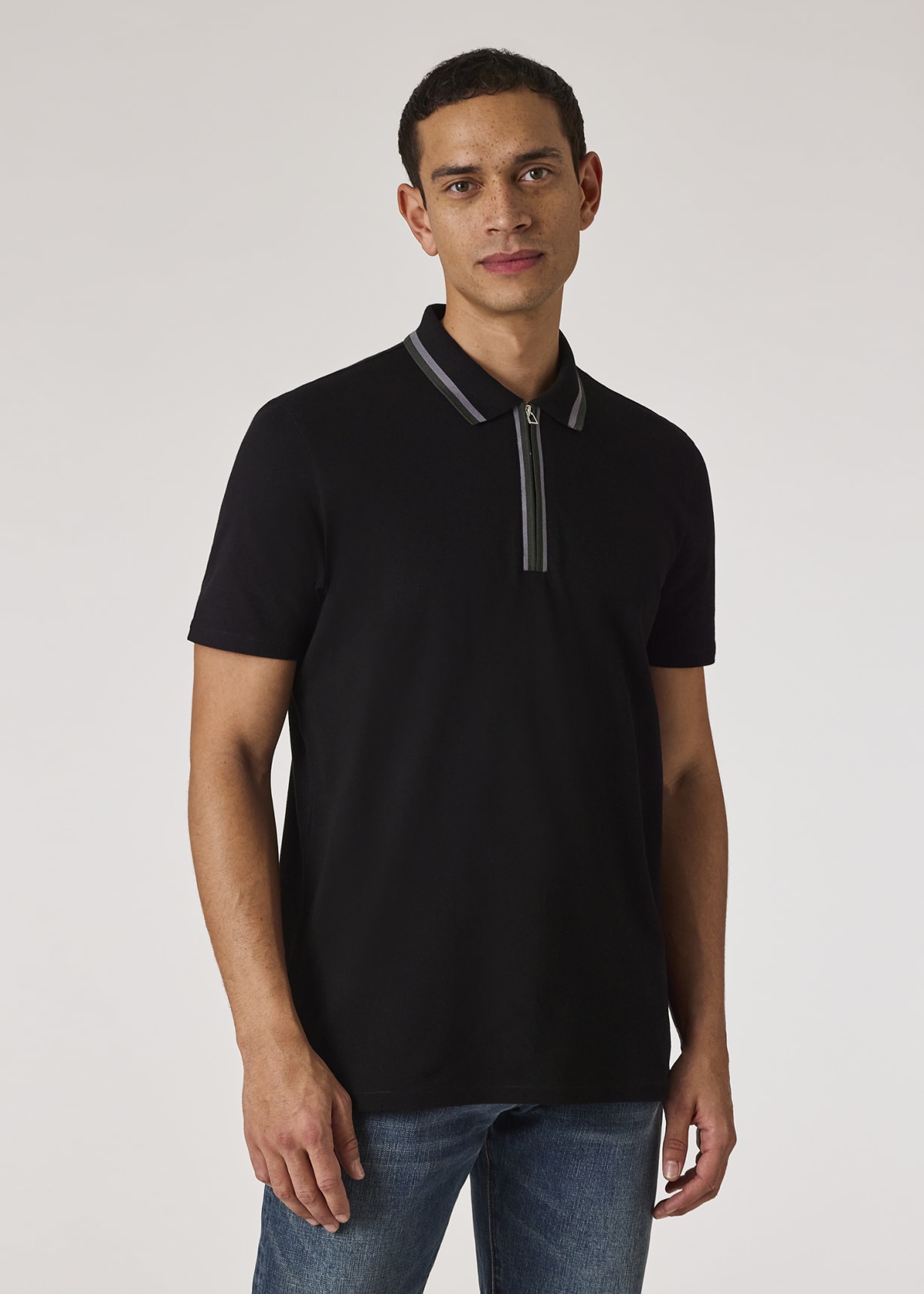 Men's Black Zip-Neck Polo Shirt With Contrast Tipping