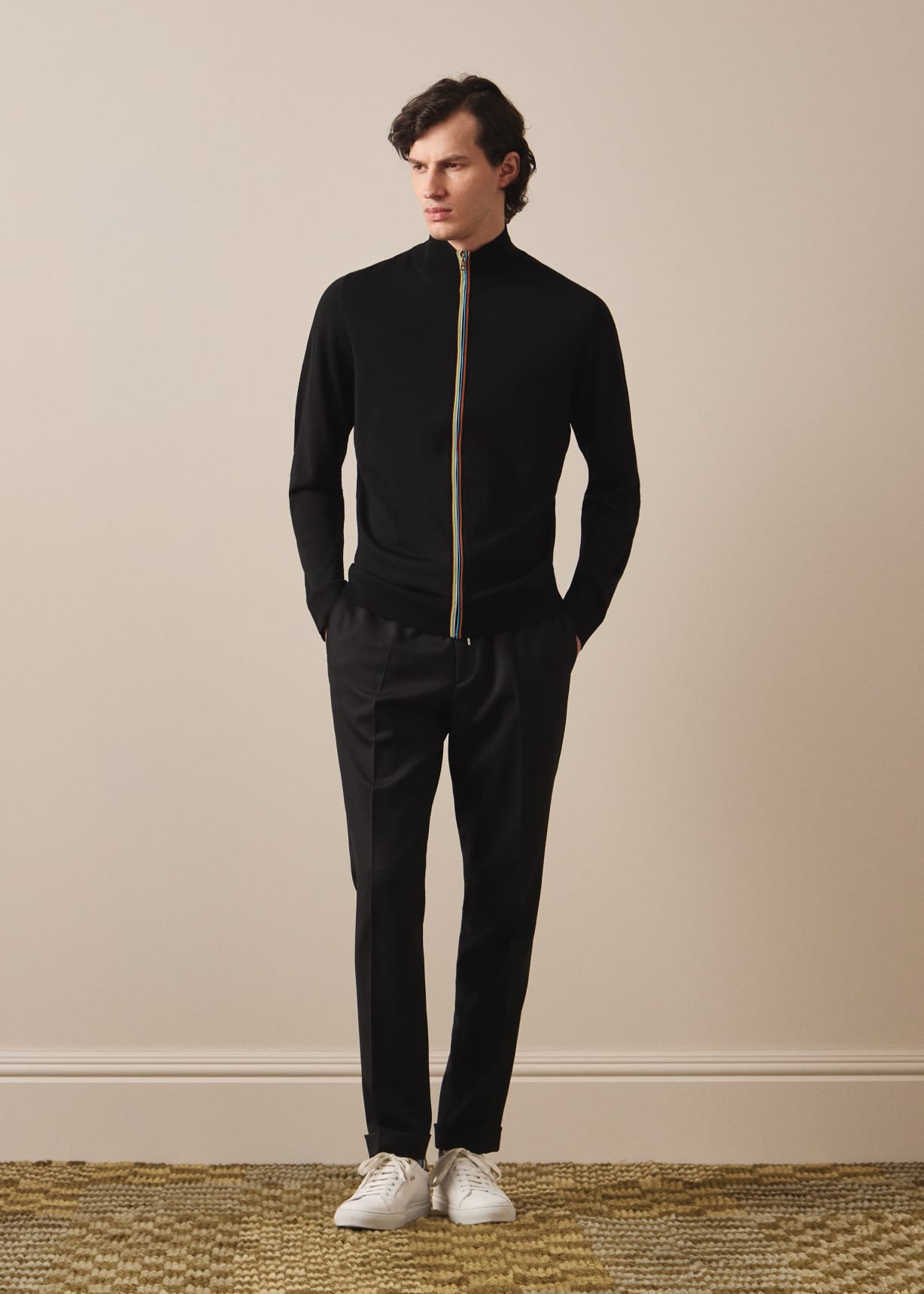 Navy Washable Merino Wool 'Signature Stripe' Zip Cardigan