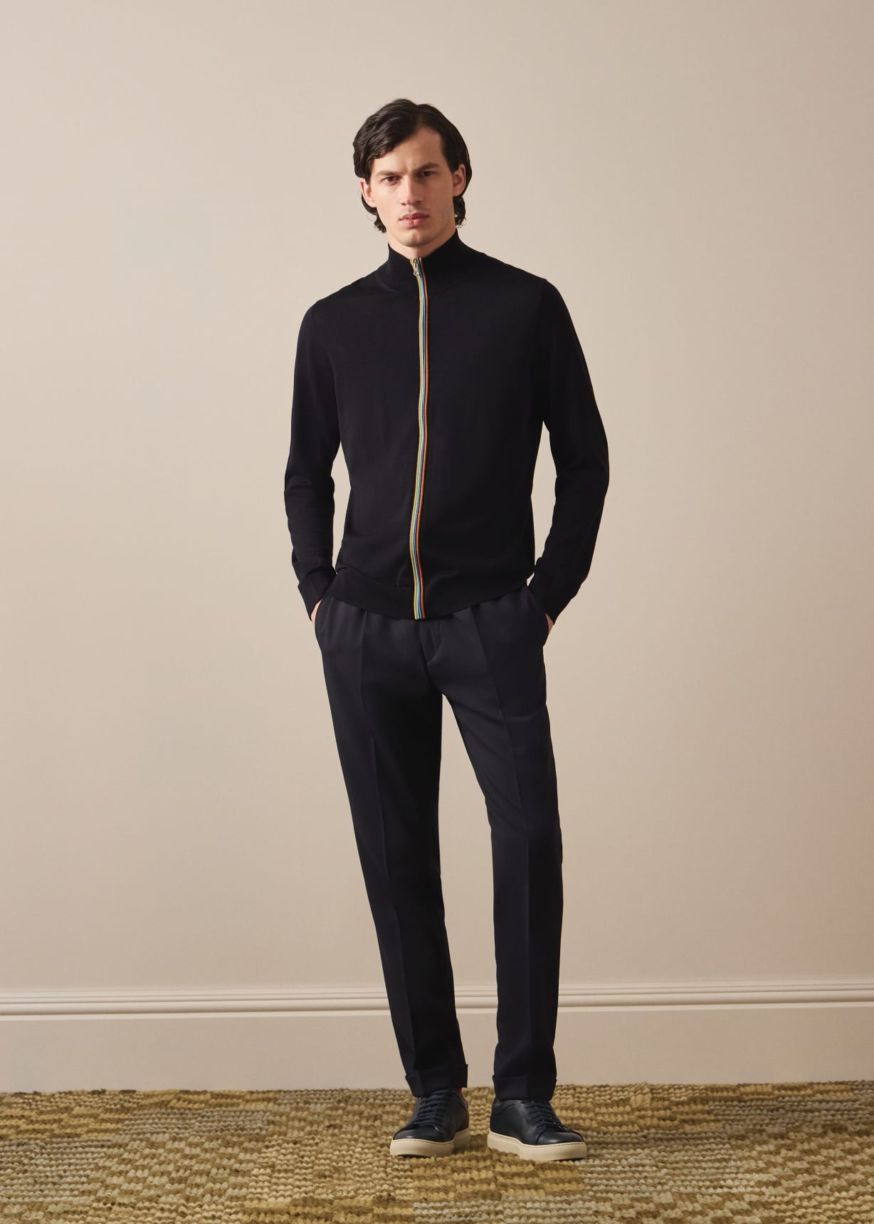 Men's Black Washable Merino Wool 'Signature Stripe' Zip Cardigan