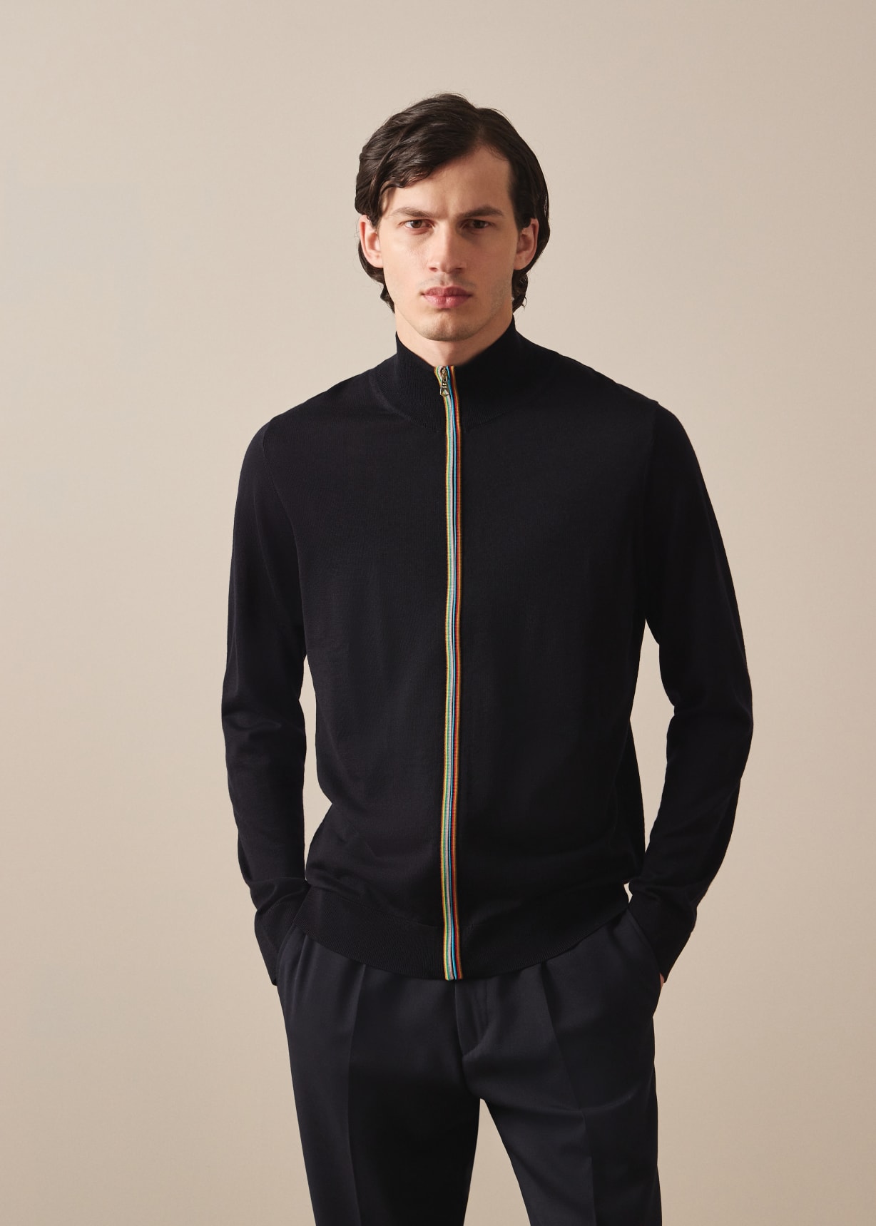 Men's Black Washable Merino Wool 'Signature Stripe' Zip Cardigan