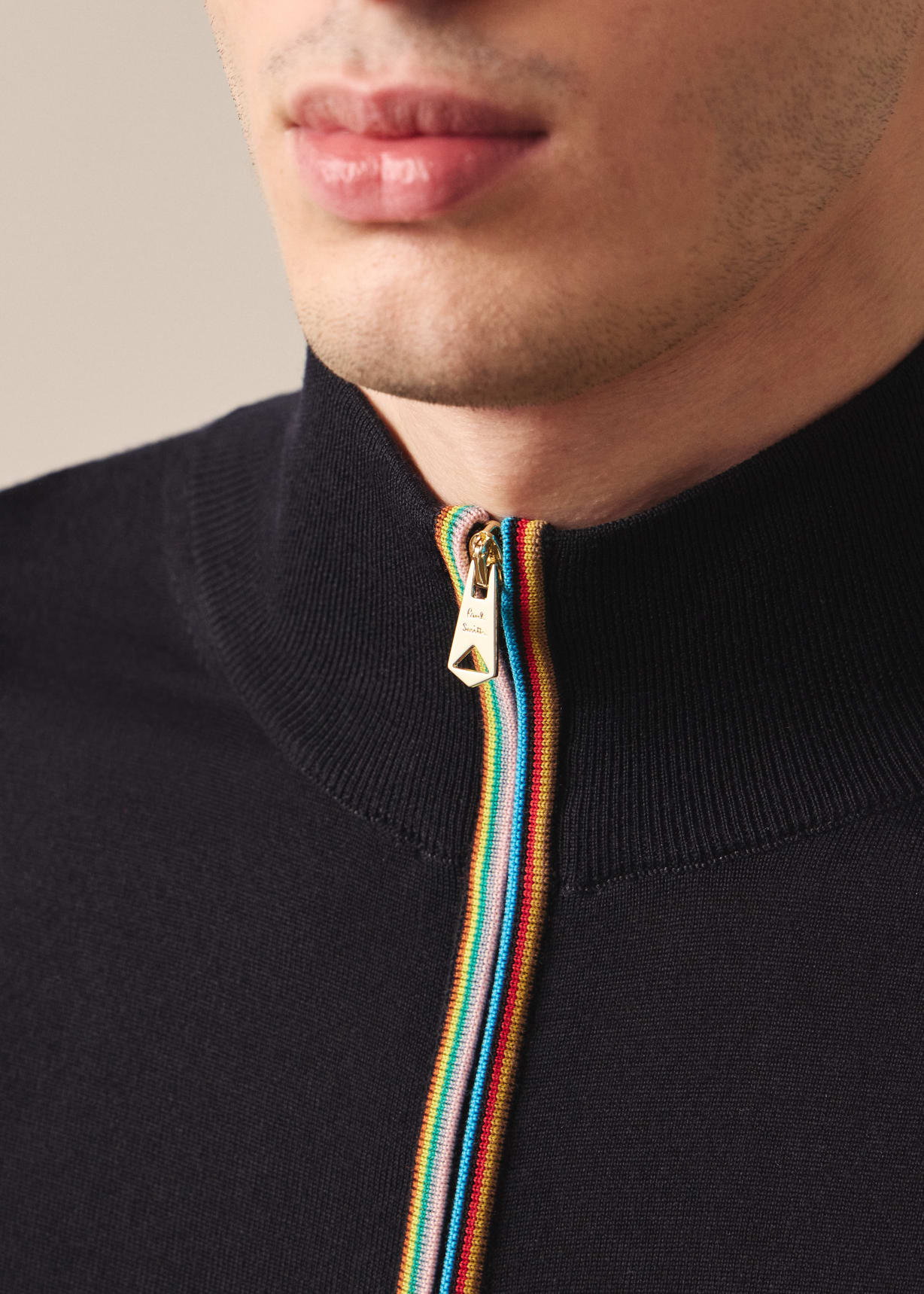 Men's Black Washable Merino Wool 'Signature Stripe' Zip Cardigan