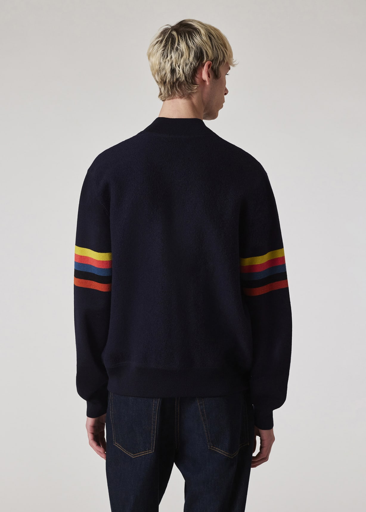 Men's Navy Wool 'Artist Stripe' Zip Bomber Jacket