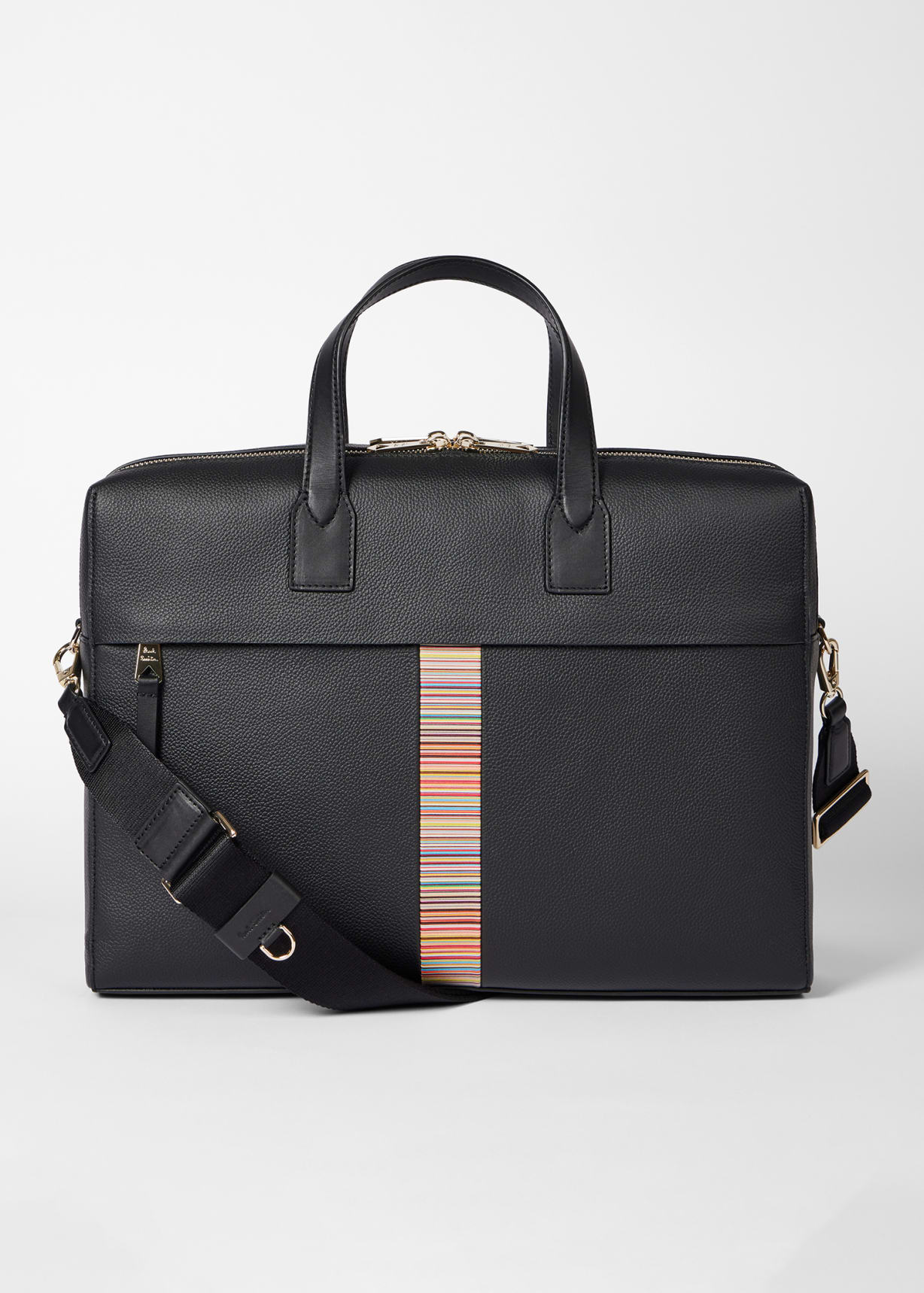 Men's Black Leather 'Signature Stripe' Trim Double-Zip Folio