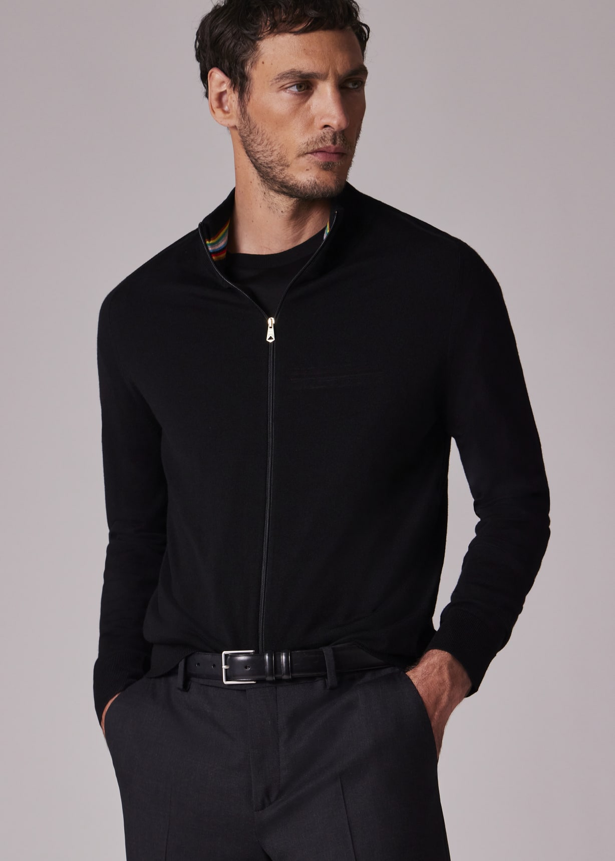 Men's Black Merino Wool Full Zip Cardigan