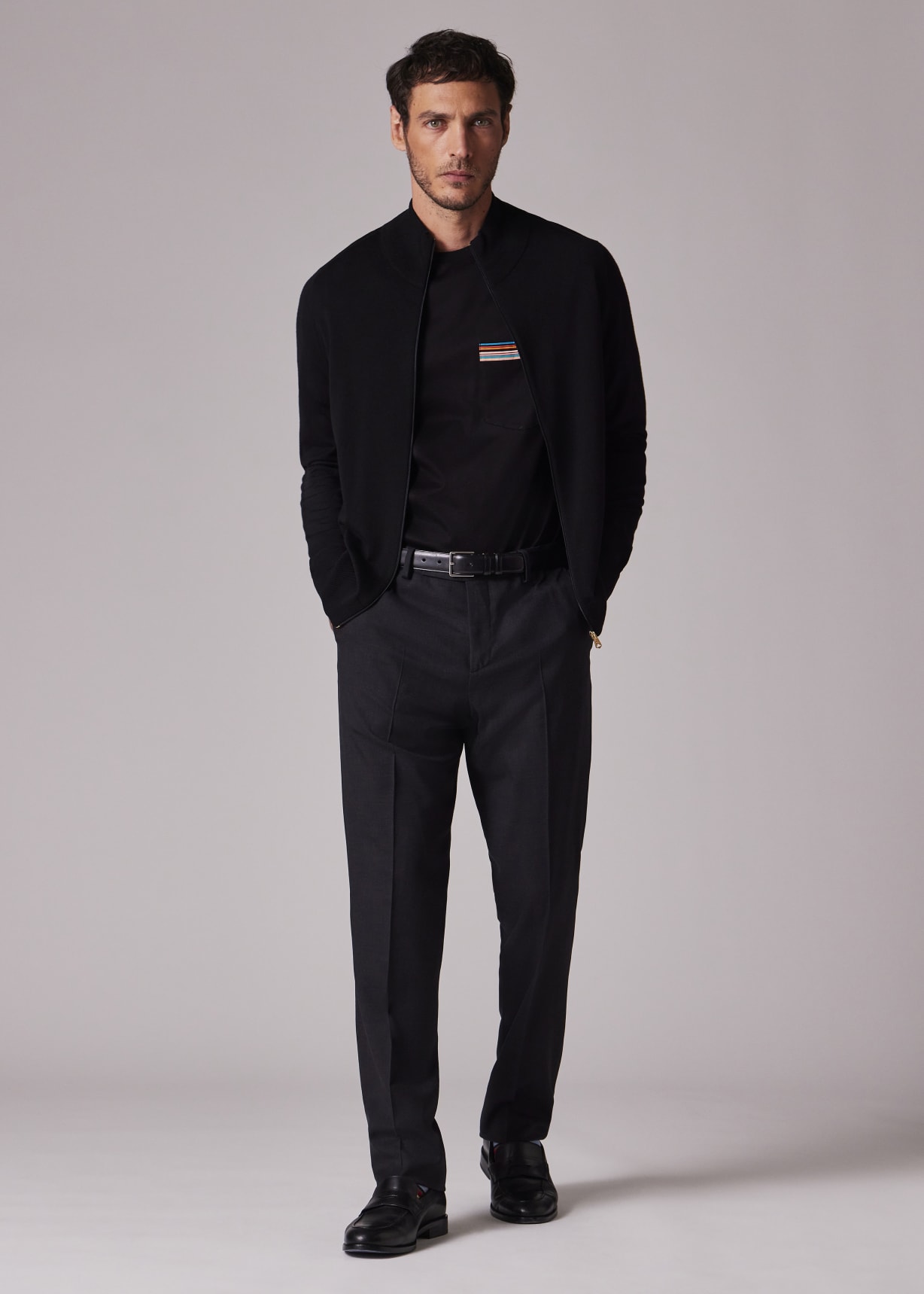 Men's Black Merino Wool Full Zip Cardigan