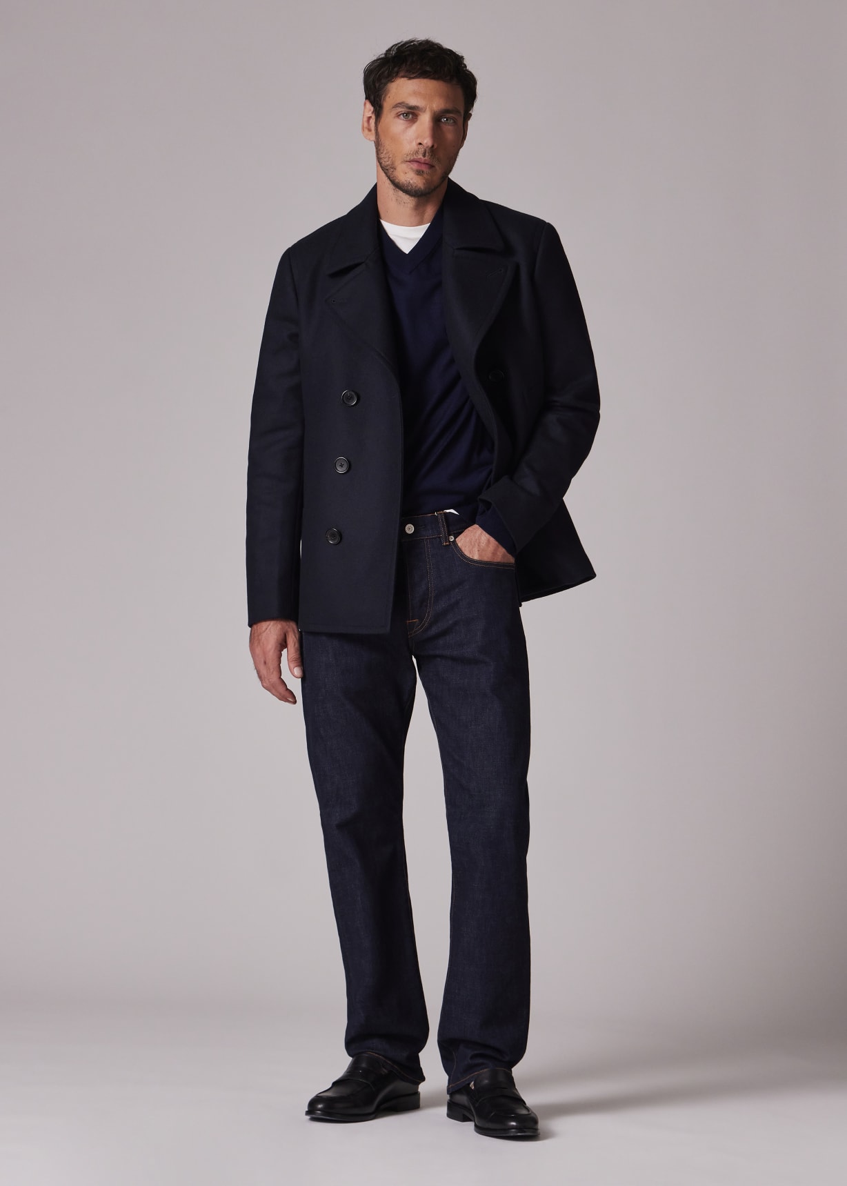 Navy Wool-Cashmere Pea Coat
