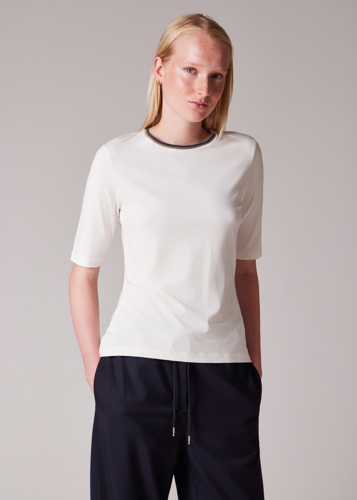 Women's Ivory Viscose Top with 'Signature Stripe' Trim