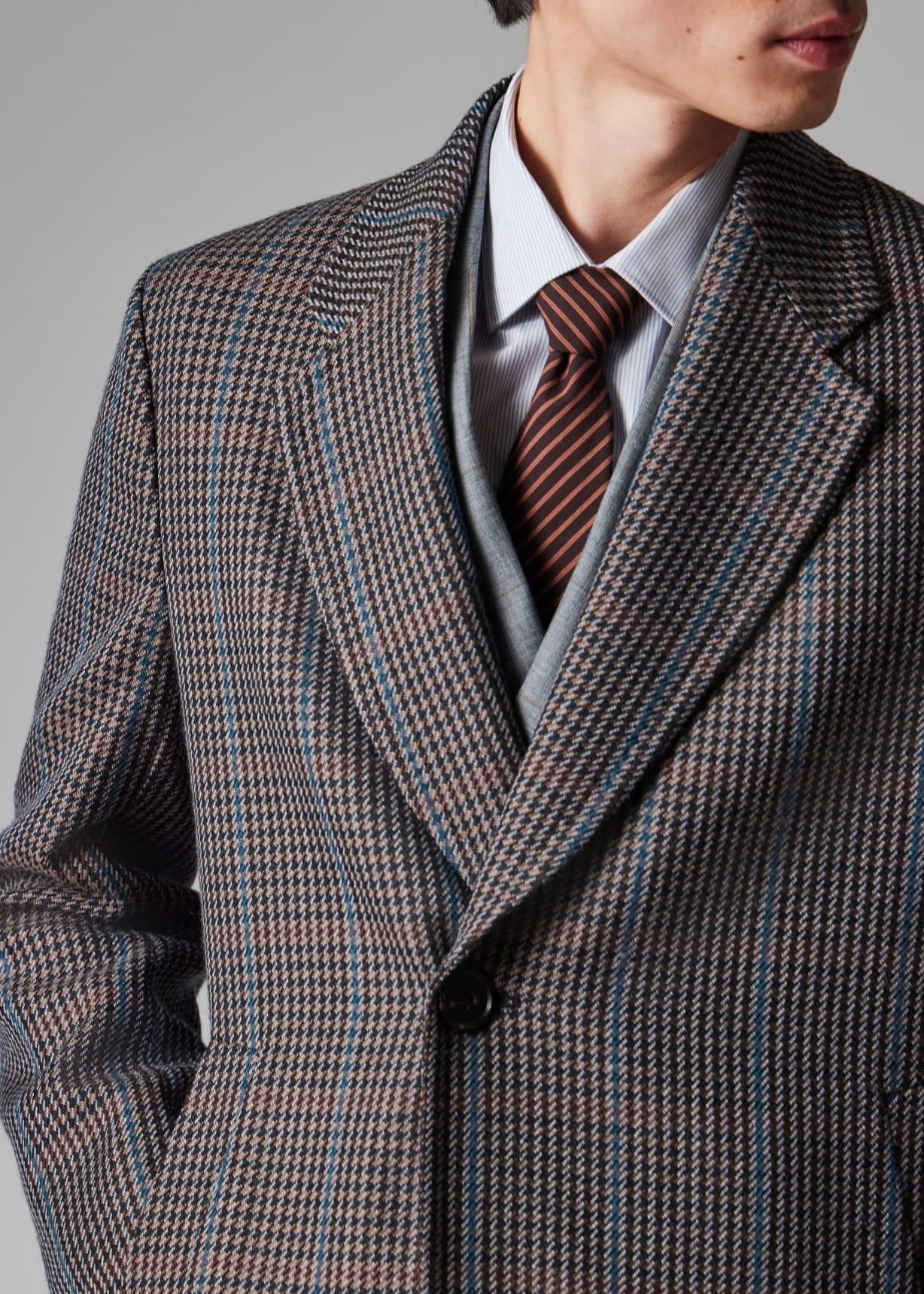 Men's Brown Multi-Houndstooth Wool-Blend Overcoat