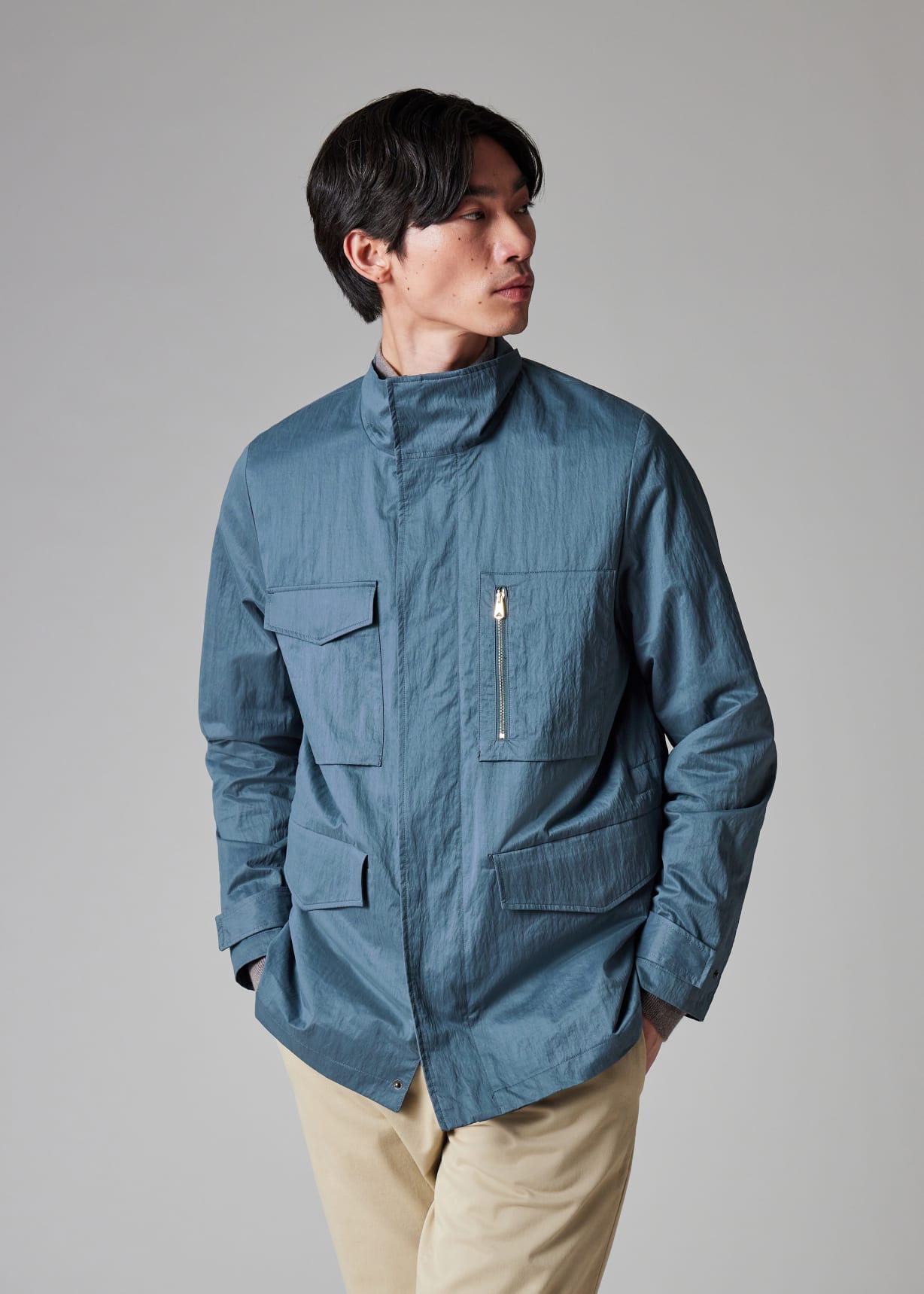 Men's Light Blue Nylon-Blend Water Resistant Field Jacket