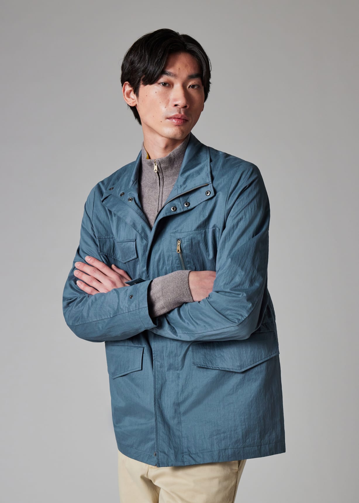 Men's Light Blue Nylon-Blend Water Resistant Field Jacket